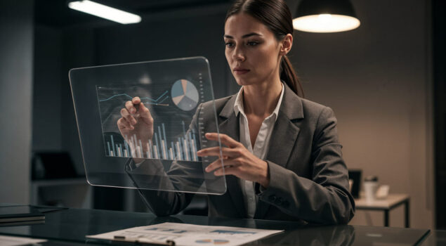 Mulher executiva interagindo com tela digital transparente com gráficos e dados, representando análise de tendências futuras em ambiente corporativo moderno.