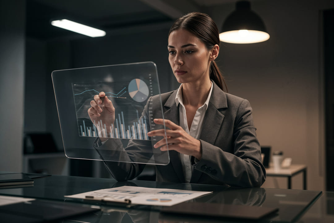 Mulher executiva interagindo com tela digital transparente com gráficos e dados, representando análise de tendências futuras em ambiente corporativo moderno.