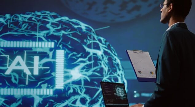 Homem de terno segura uma prancheta e observa uma projeção digital de cérebro com a sigla 'AI', simbolizando a inteligência artificial na contabilidade, enquanto trabalha em um laptop.