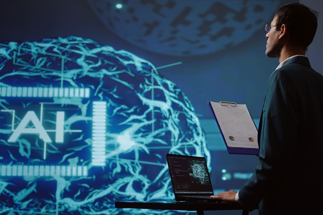 Homem de terno segura uma prancheta e observa uma projeção digital de cérebro com a sigla 'AI', simbolizando a inteligência artificial na contabilidade, enquanto trabalha em um laptop.