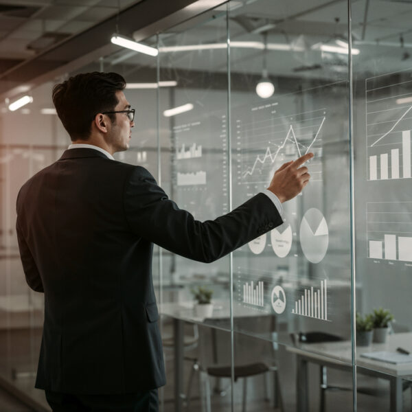 Executivo analisa gráficos e indicadores financeiros em uma parede de vidro com painéis de dados corporativos.