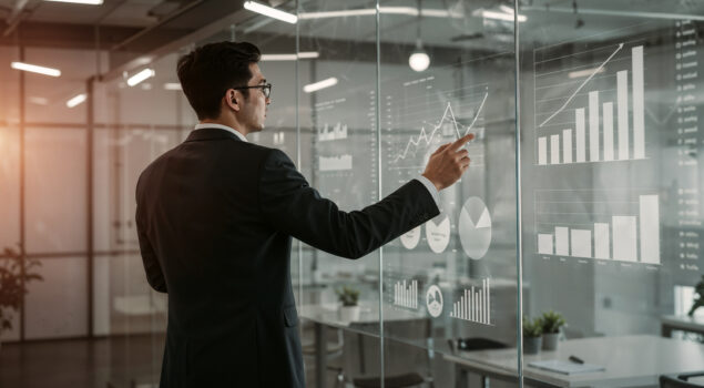 Executivo analisa gráficos e indicadores financeiros em uma parede de vidro com painéis de dados corporativos.