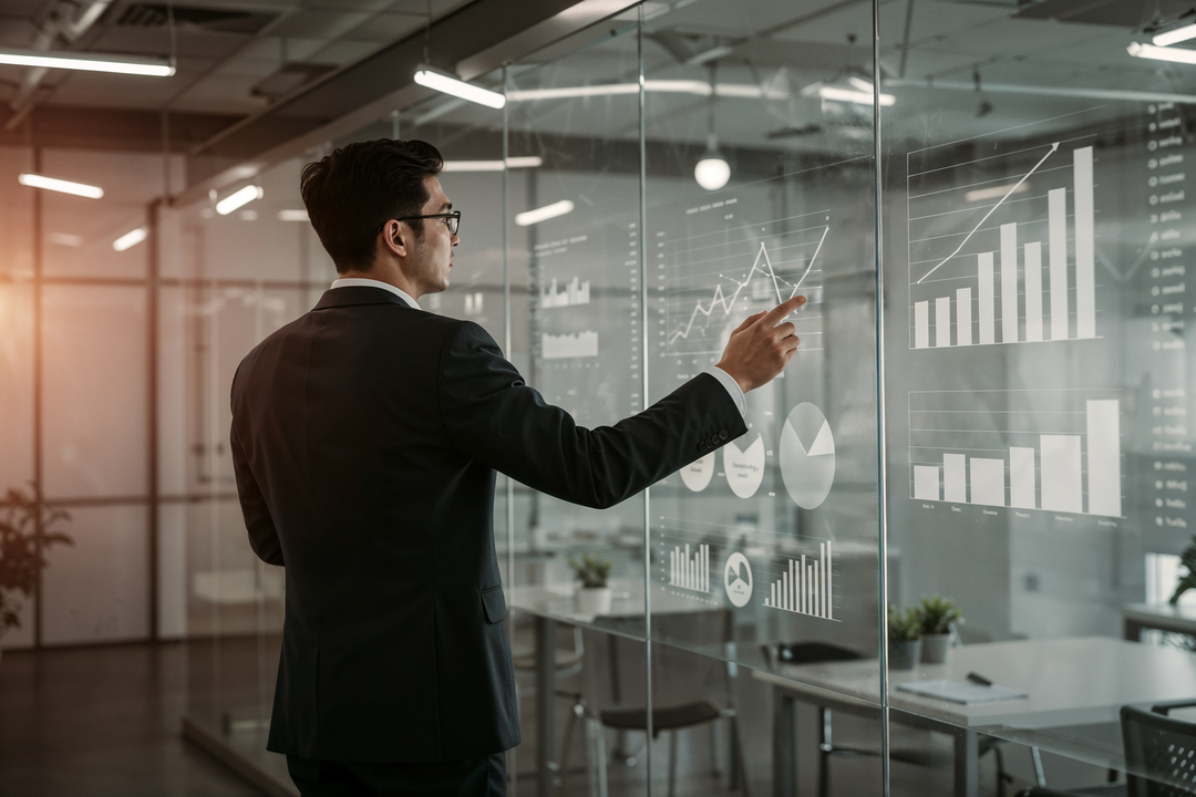 Executivo analisa gráficos e indicadores financeiros em uma parede de vidro com painéis de dados corporativos.